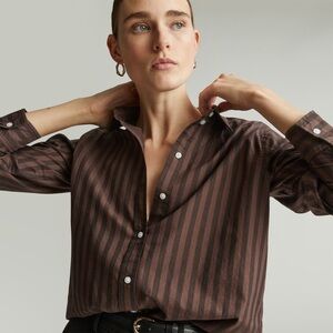 Everlane Must Have Shirt in Silky Cotton Chocolate Brown Striped Button-Up 00 XS